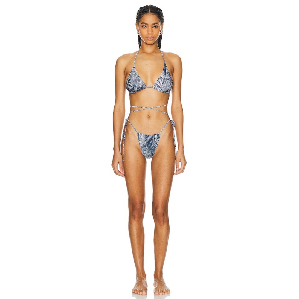 NWT Norma Kamali Criss Cross Bikini Set  Denim Print Triangle Tie High‎ Cut XS